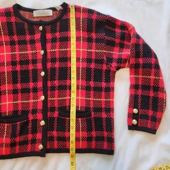 Karen Scott Petites Plaid Wool Blend Cardigan PL Red Black Gold Buttons - Picture 8 of 14